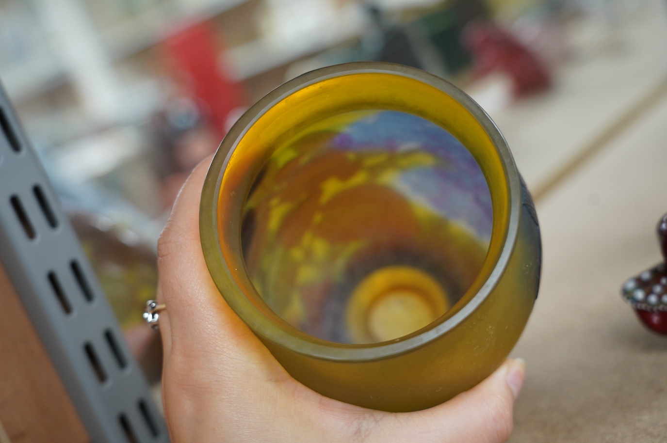 A Gallé blue globular vase with yellow ground, 15cm high. Condition - fair to good, some surface scratches and scratches to base